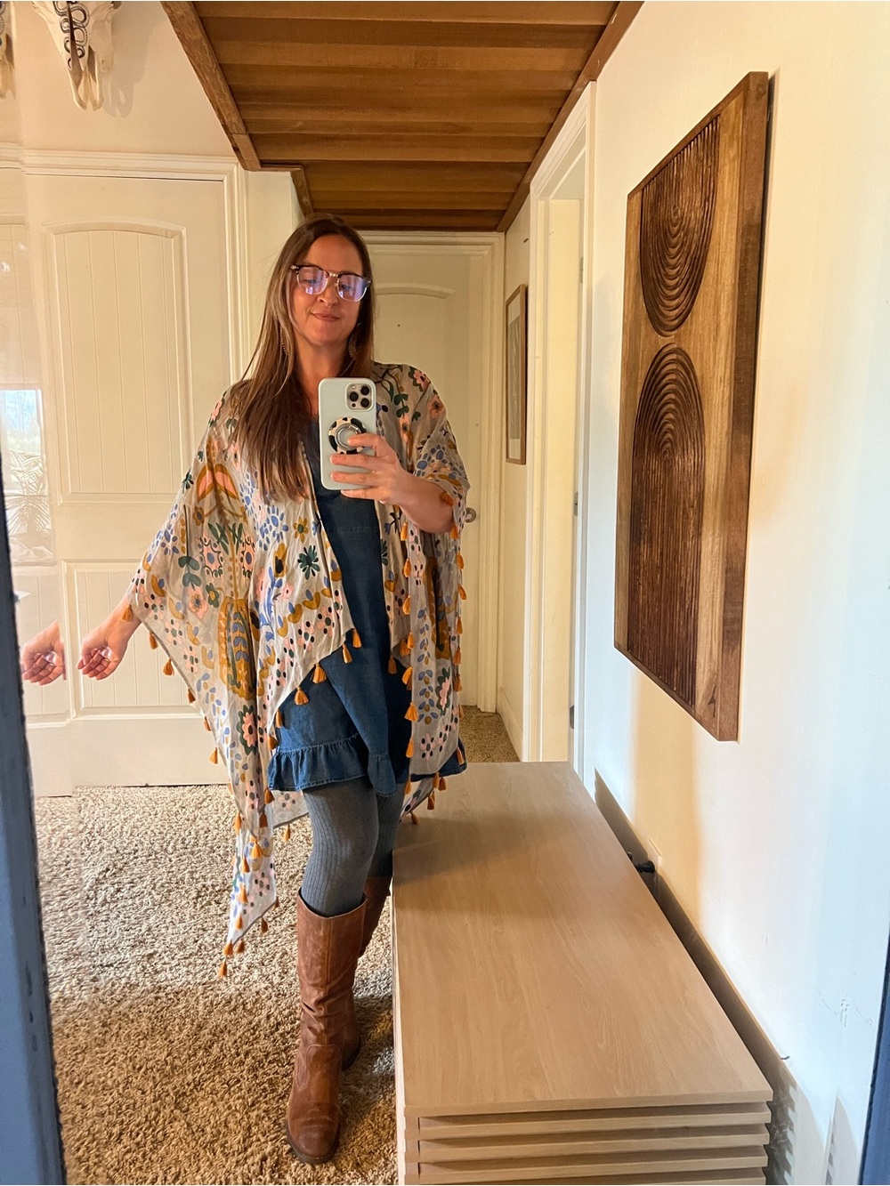 NATURAL LIFE Floral Boho Kimono Robe with Tassels in Sage, Mustard & Blue